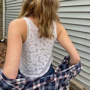 Top is a sheer white floral tank top from Pacsun LA Hearts size XS.